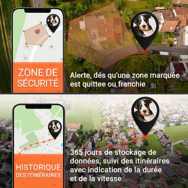 Image des fonctions de geo-clôture et d'historique des itinéraires du traceur GPS Pet Finder de PAJ