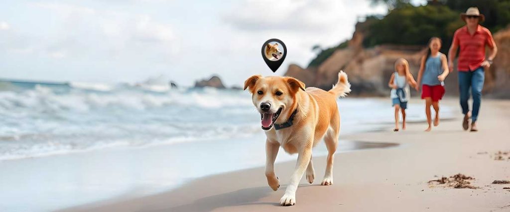 Une famille de trois sur la plage derriere leur chien avec un symbole GPS sur la tete