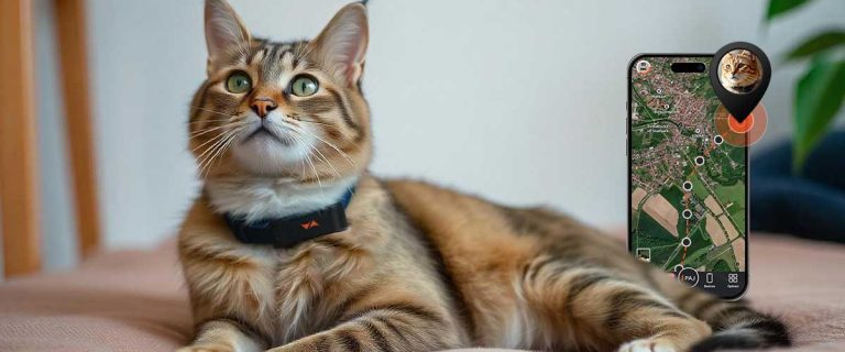 Un chat avec un collier GPS autour du cou assis