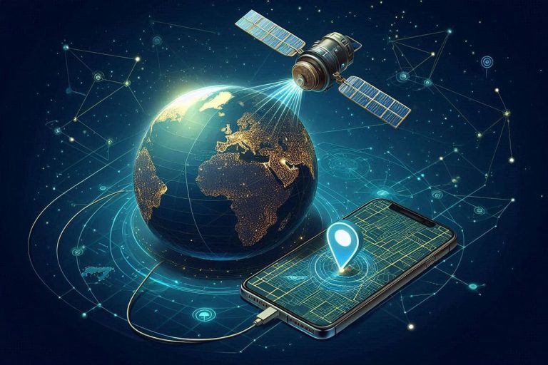 Un satellite regardant vers la terre connecte a un smartphone