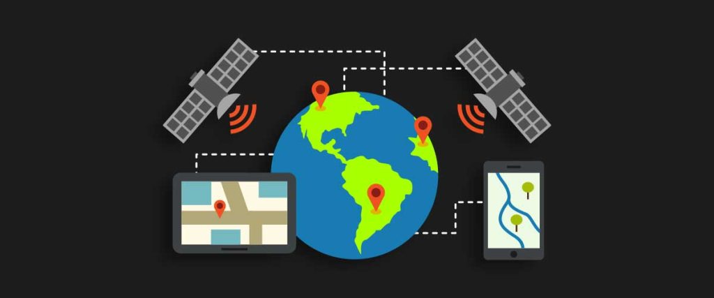 Deux satellites en orbite envoyant des signaux a un telephone et un ordinateur