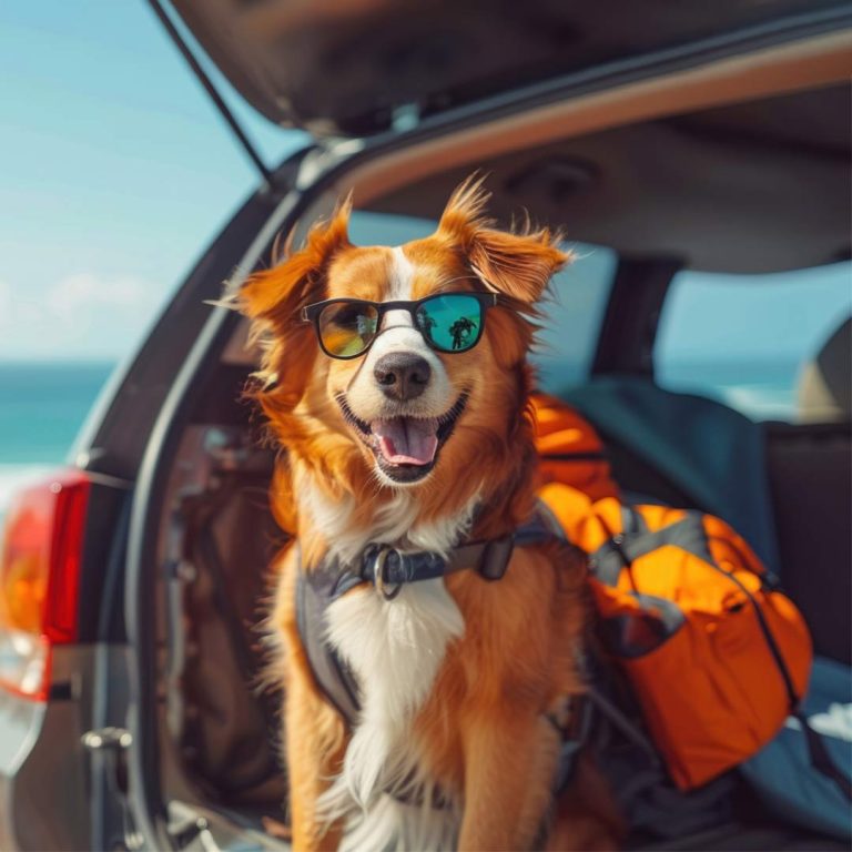 Un chien avec lunette de soleil, harnais, gilet, pret pour partir en vacances